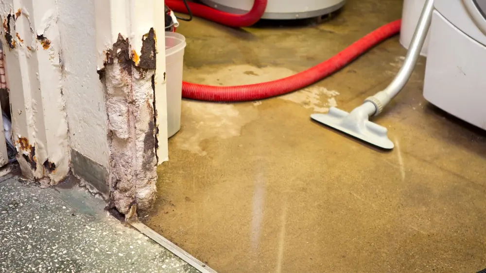 Wet vacuum with a red hose pulling water off a stained floor