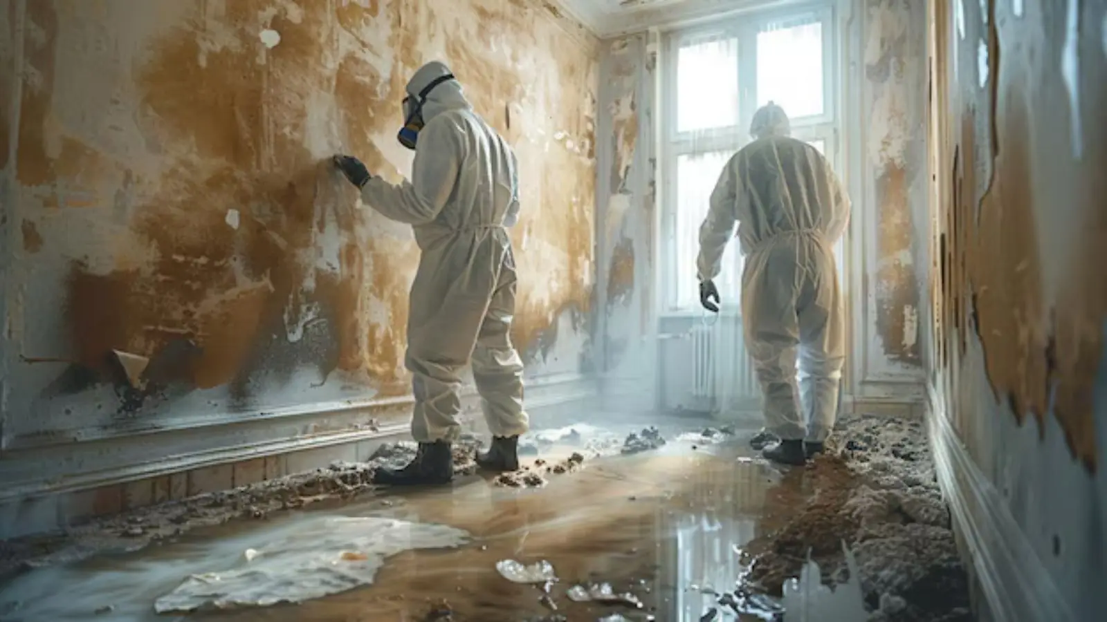Workers in protective suits removing mold from a water-stained wall