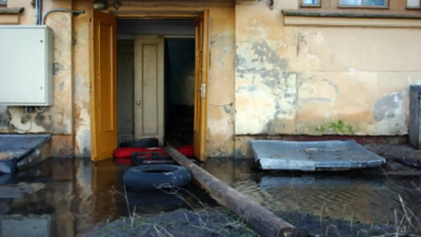Water-damaged wall and doorway in a room with standing water