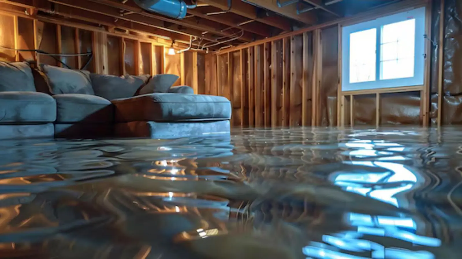Flooded basement with an exposed wood frame wall and a sofa sitting in water